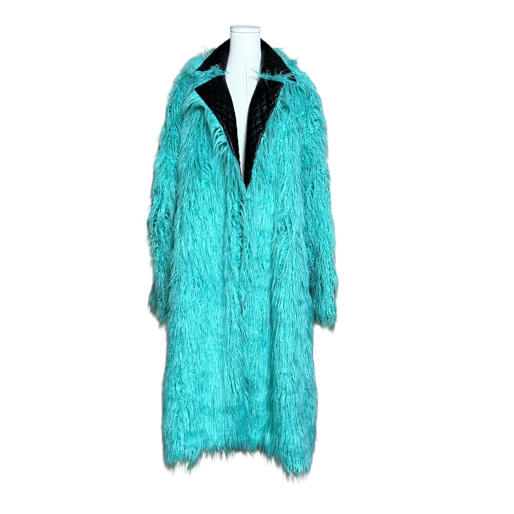 ORTTU Faux Fur Unique Trench Coat Faux Leather Size Fit XL Belted V-Neckline - Picture 4 of 9